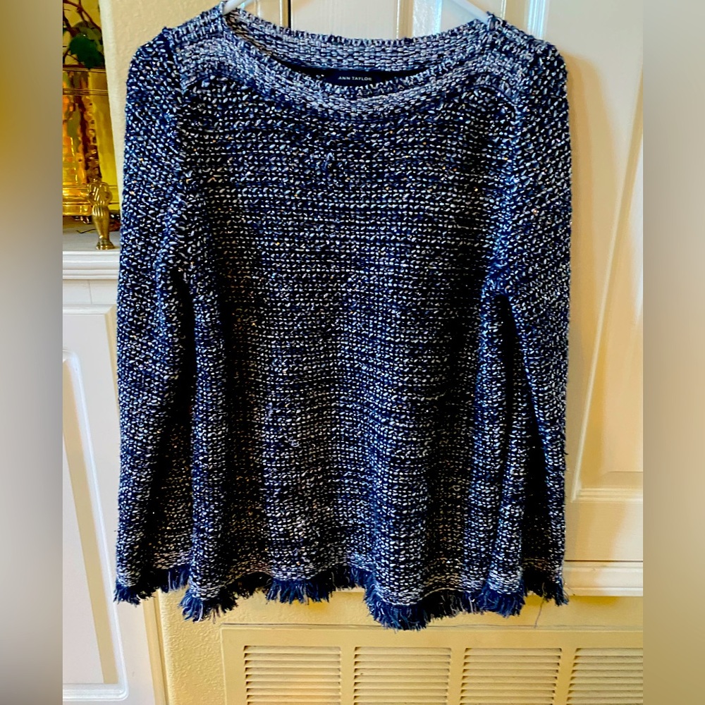 Ann Taylor Navy & White Tweed Crewneck Sweater